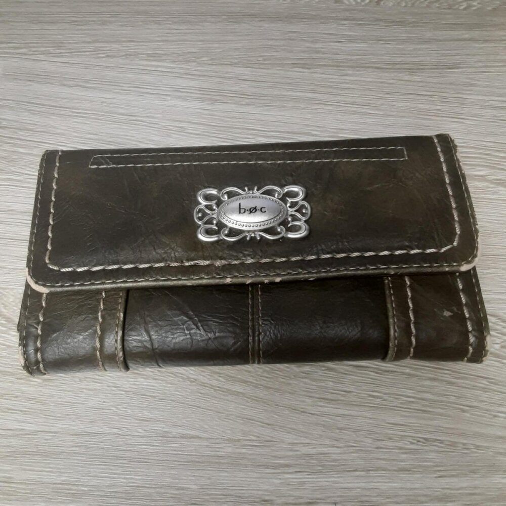 BOC Wallet Faux Leather olive green White Stitch Trim Silver Metal Logo Accent